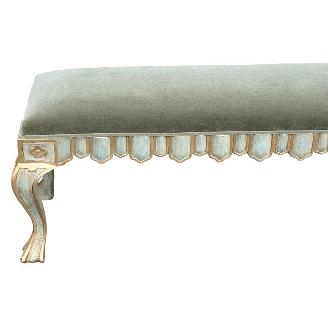 Michael Taylor Venetian Style Michael Taylor Olive Mohair Gilded Bench For Sale - Image 4 of 5