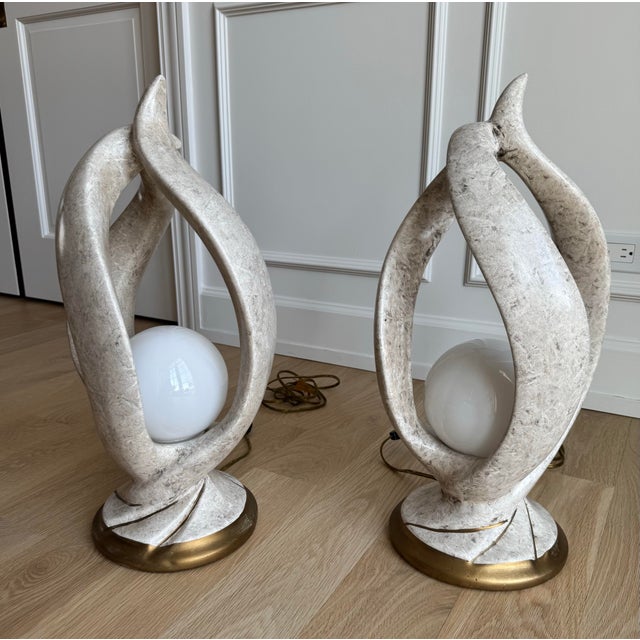 1980s Postmodern "Flame" Sculptural Lamps - Faux Stone & Gilt - a Pair For Sale - Image 4 of 11