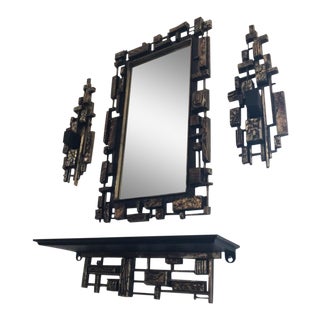 Syroco Brutalist Mid Century Wall Mirror With Shelf and Candle Scones. In the Style of Paul Evans. For Sale