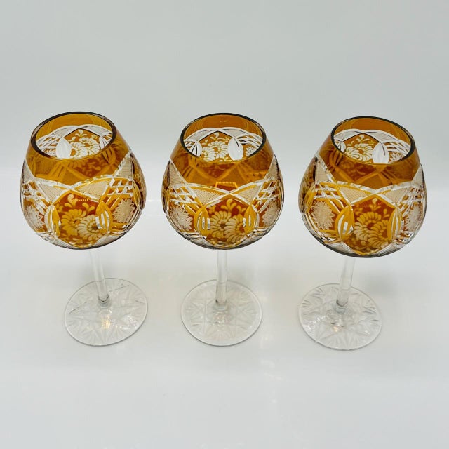 Vintage Bohemian Amber Cut-to-Clear Wine Glasses, 1950s, Set of 3 For Sale - Image 6 of 11