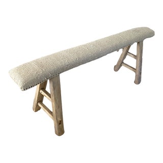 Antique Rustic Long Elm Bench W/ Upholstered Seat For Sale