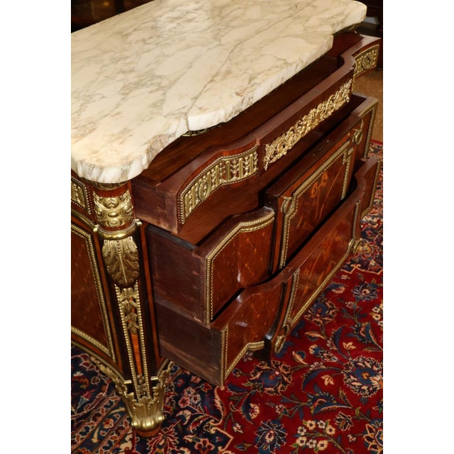 19th Century French Bronze Mount Inlaid Acajou Mouchete Riesener Style Commode For Sale - Image 11 of 16