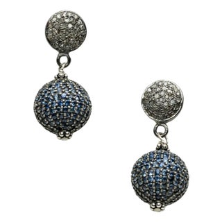 Pair of Drop Earrings With Pave` Set Blue Sapphires and Diamonds For Sale