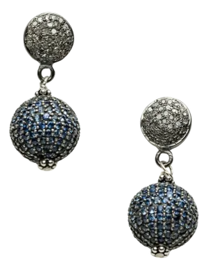 Pair of Drop Earrings With Pave` Set Blue Sapphires and Diamonds