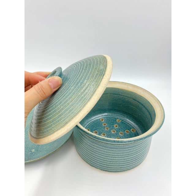 Mid-Century Modern Vintage Studio Pottery Covered Berry Bowl With Lid and Drip Plate, Blue Green Ceramic Colander, Signed Handmade Produce Keeper For Sale - Image 3 of 13