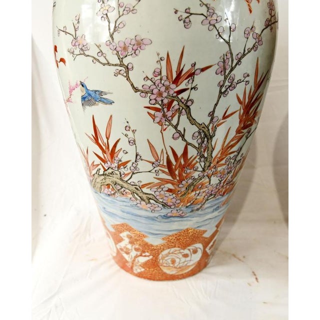Antique Japanese Satsuma Porcelain Floor Vases with Bird and Blossom Decoration, Set of 2 For Sale - Image 5 of 10
