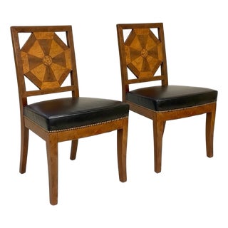 19th-C. Inlaid Biedermeier Style Side Chairs - Black Leather Upholstery -Pair For Sale