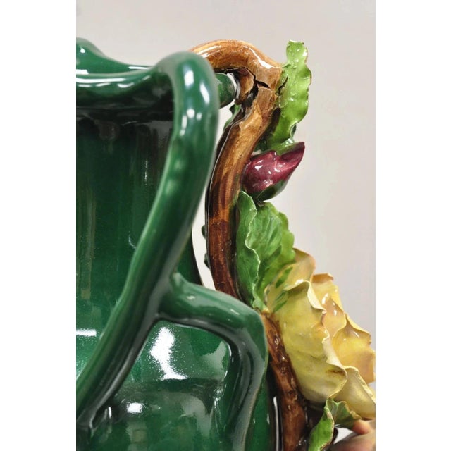 Green Vintage Victorian Green Porcelain Ceramic 18" Vase W/ Pink & Yellow Flowers For Sale - Image 8 of 12