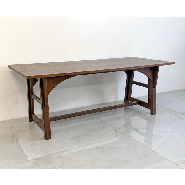 1960s American Arts and Crafts Solid Oak Trestle Dining Table, 1960's For Sale - Image 5 of 8