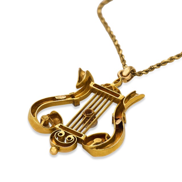19th Century Victorian Diamond Pearl 18k Yellow Gold Lyre Necklace For Sale In Los Angeles - Image 6 of 6