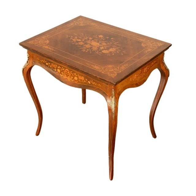 Wood Antique Louis XV Ormolu Mounted Inlaid Marquetry Rosewood Center Side Table 1890 For Sale - Image 7 of 14