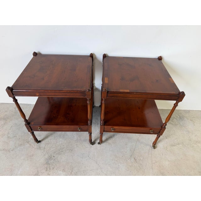 Traditional Hekman Regency Style Olive Wood & Mahogany End Tables With Drawer and Casters – A Pair For Sale - Image 3 of 12