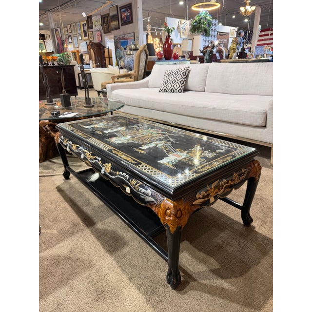 Vintage Black Chinoiserie Coffee Table With Shellwork & Glass Top For Sale In Las Vegas - Image 6 of 10