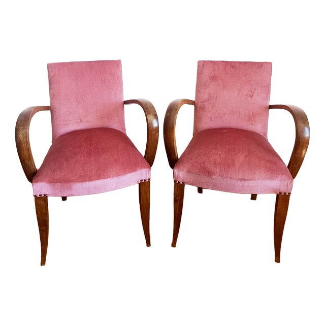 Art Deco Pink Velvet Moustache Armchairs, 1940s, Set of 2 For Sale