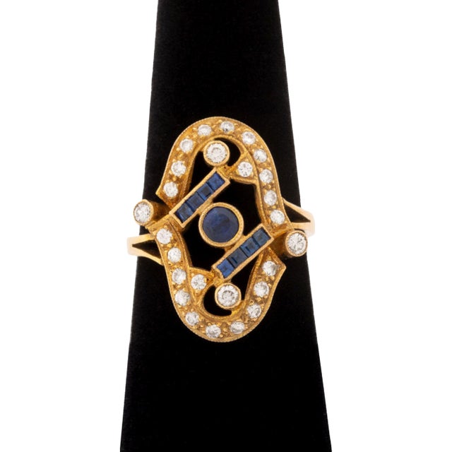 14k Yellow Gold Diamond and Sapphire Ring For Sale