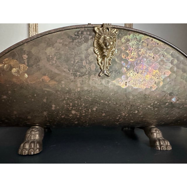 Brass Vintage Mid 20th Century Hammered Brass Fireplace Log Holder With Lion Faces & Paws For Sale - Image 8 of 12