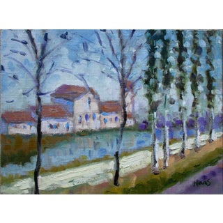 Along the Canal, Modern Impressionist Landscape Oil Painting For Sale