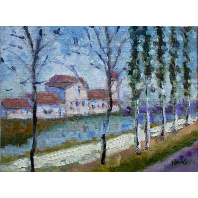 Along the Canal, Modern Impressionist Landscape Oil Painting For Sale