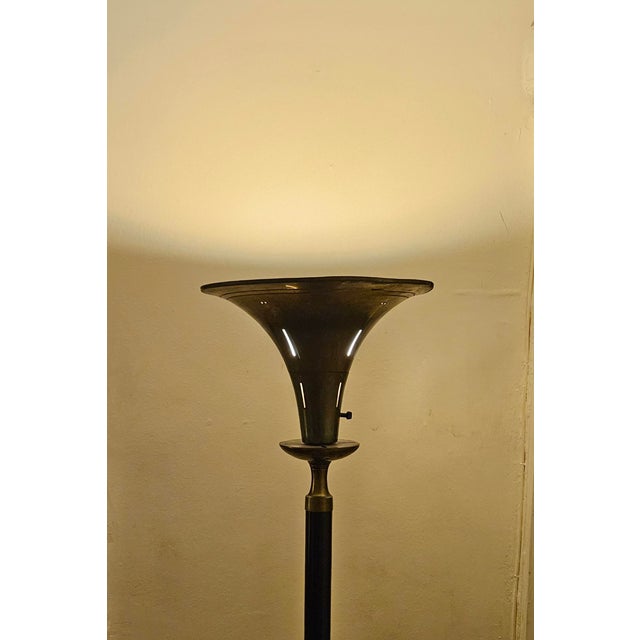 1930s Art Deco Torchiere Brass Trumpet Shade Floor Lamp For Sale - Image 13 of 15