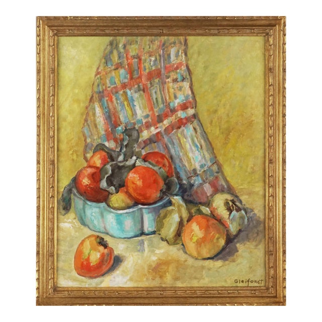 Mid 20th Century Fuji Apples Still Life With Plaid Cloth Painting by Helen Enoch Gleiforst, Framed For Sale