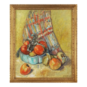 Mid 20th Century Fuji Apples Still Life With Plaid Cloth Painting by Helen Enoch Gleiforst, Framed