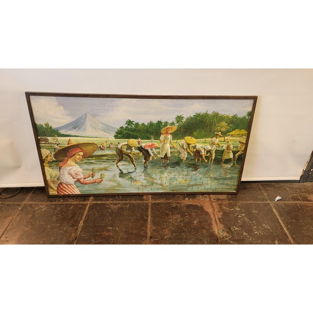 Fernand Amorsolo Student Painting University of the Philippines Under Occupation 1940s Planting Rice With Mayon Volcano For Sale - Image 10 of 10
