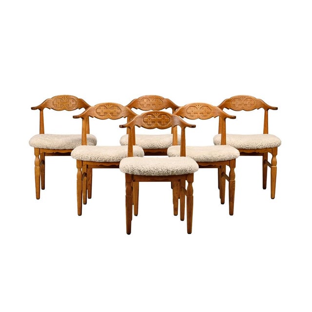 Vintage Brutalist Dining Chairs in Oak and Sheepskin by Henning Kjærnulf, Denmark, 1960s, Set of 6 For Sale - Image 18 of 18