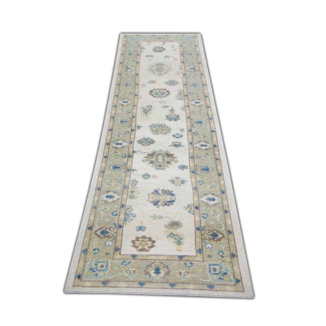 Textile Turkish Oushak Rug Ivory Blue Handwoven Wool Runner 3'1" X 11'5" For Sale - Image 7 of 7