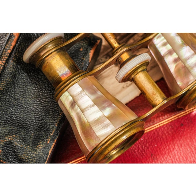 French Fantastic Lively Mother of Pearl Duval Paris Antique French Opera Glasses With Leather Case Home Decor Prop For Sale - Image 3 of 12