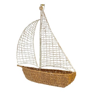 Mid 20th Century Coastal Boho Chic Polychromed Rattan, Willow and Reed Sailboat Chandelier For Sale