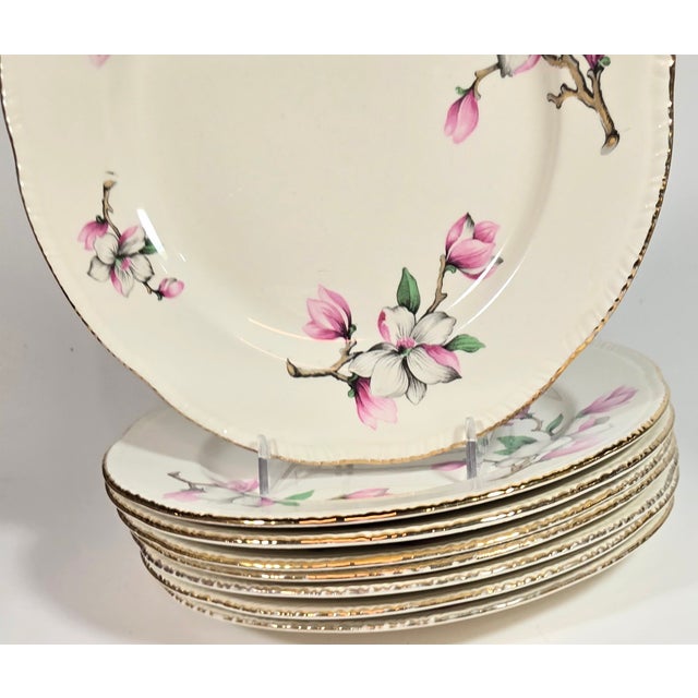 Farmhouse Gold Rimmed Pink Dogwood China Plates- Set of Eight For Sale - Image 3 of 13