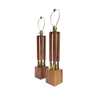 Laurel 1960s Solid Walnut & Brass Columnar Table Lamps - Pair For Sale