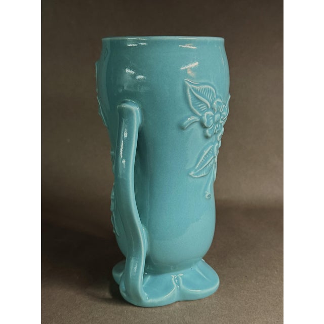 Mid-Century Modern 8 Inch Handled Vase MCM Raised Floral Design For Sale - Image 3 of 6