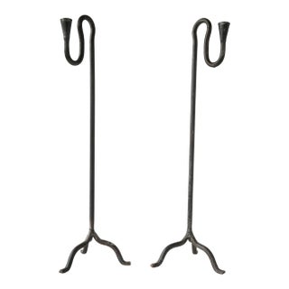 Sculptural Mid 20th Century Wrought Iron Forged Candle Holders For Sale