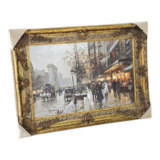 Golden Hour in Paris – Ornate Gilt Frame Street Scene Painting With Glowing Café Lights For Sale