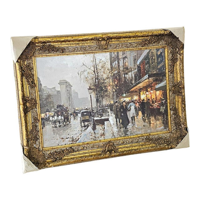 Golden Hour in Paris – Ornate Gilt Frame Street Scene Painting With Glowing Café Lights For Sale