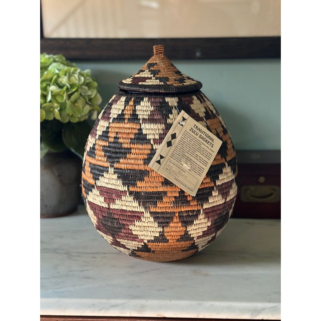 Contemporary Large 16" Authentic Handwoven Zulu Lidded Wedding Basket / Ukhamba With Tag For Sale - Image 3 of 8