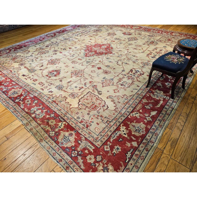 Antique Turkish Oushak Rug, Hand-Knotted Wool, Allover Geometric Pattern, Tan & Red, 14' X 15' For Sale - Image 9 of 18