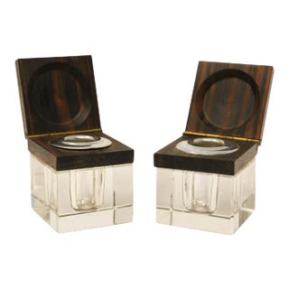 Art Deco Inkwells in Macassar Wood and Crystal, Jacques Adnet Style For Sale
