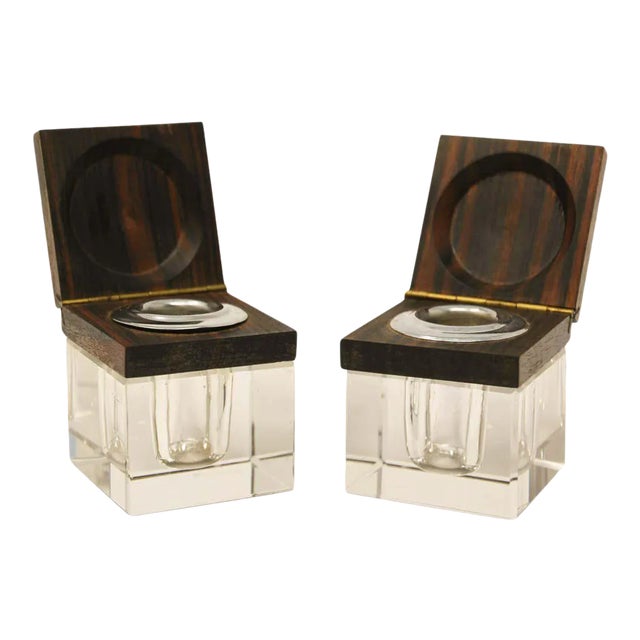 Art Deco Inkwells in Macassar Wood and Crystal, Jacques Adnet Style For Sale