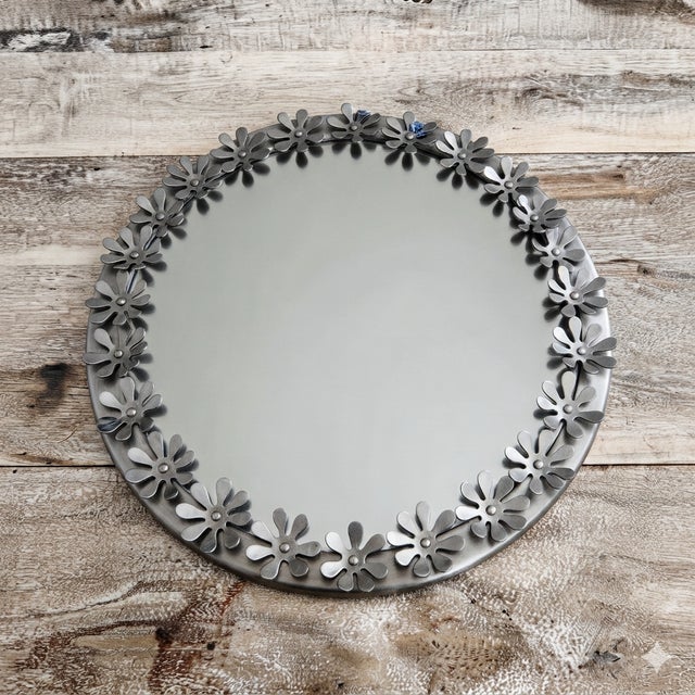 Vintage Mirror with Metal Flowers, Sweden, 1970s For Sale - Image 3 of 7