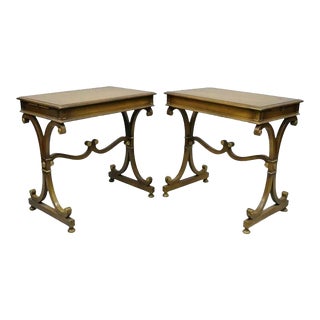 Mid 20th Century Vintage J. Zonon Regency Style X-Frame Mahogany Side Lamp Tables - a Pair For Sale