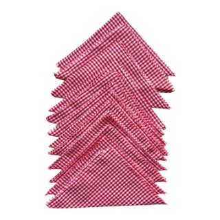 Red and White Gingham Cotton Cloth Dinner Napkins, Raw Edge- Set of 12 For Sale