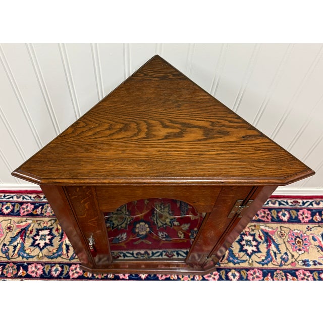 Antique English Corner Cabinet Carved Oak Hanging Wall Cabinet Storage c.1920s For Sale - Image 12 of 18
