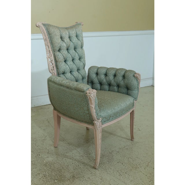 French Vintage French Highly Carved Tufted Upholstered Fireside Chairs - a Pair For Sale - Image 3 of 13