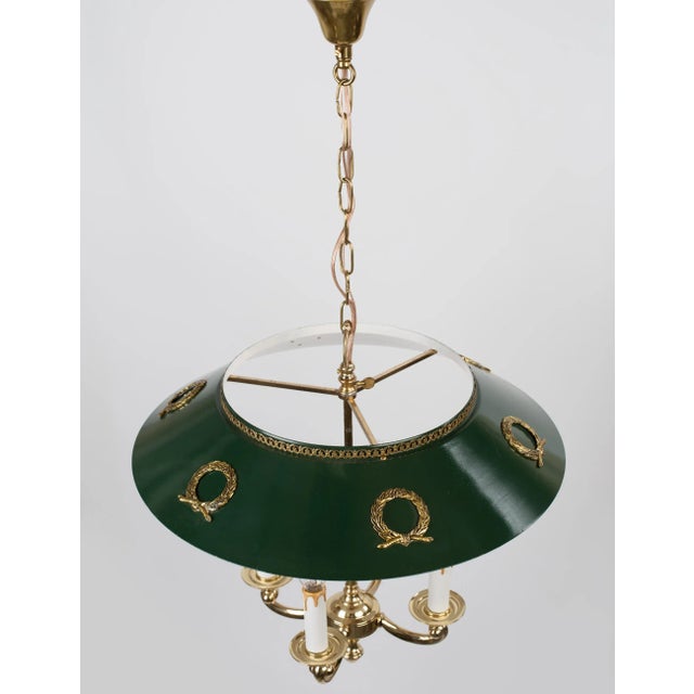 Metal 1960s Empire Bouillotte Brass Chandelier With Green Tole Shade For Sale - Image 7 of 14