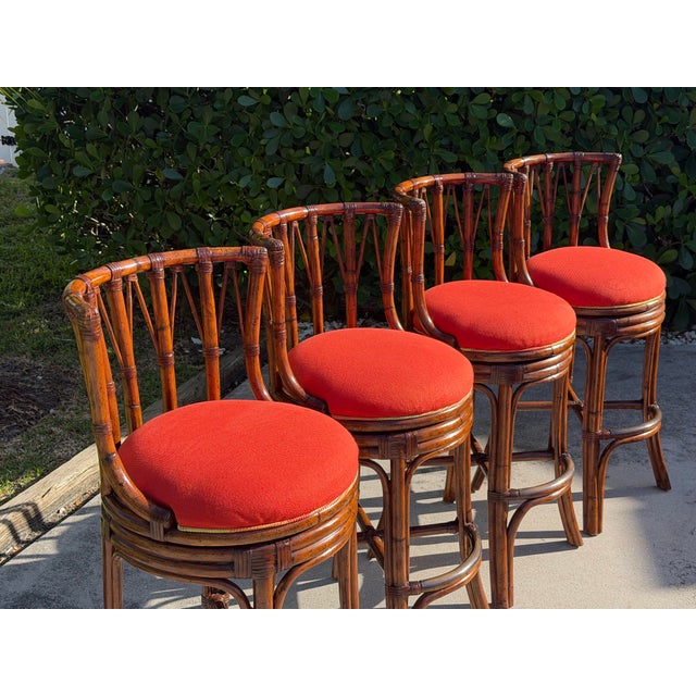 2010s Tommy Bahama Island Estate Faux Bamboo Swivel Barstools, Set of Four For Sale - Image 5 of 12
