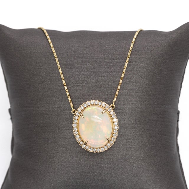 6.36cts Ethiopian Opal Pendant With Natural Diamonds Halo in 14k Solid Gold For Sale - Image 4 of 8