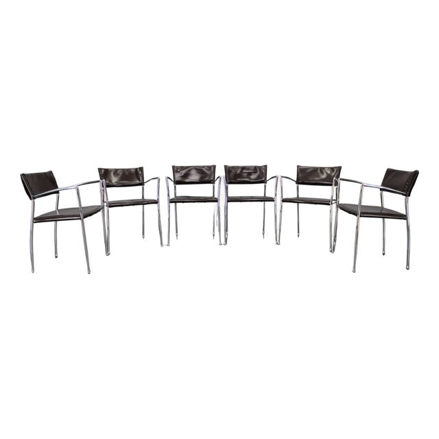 Mid-Century Modern Armchairs in Leather & Chrome from Arper, 1980s, Set of 6 For Sale