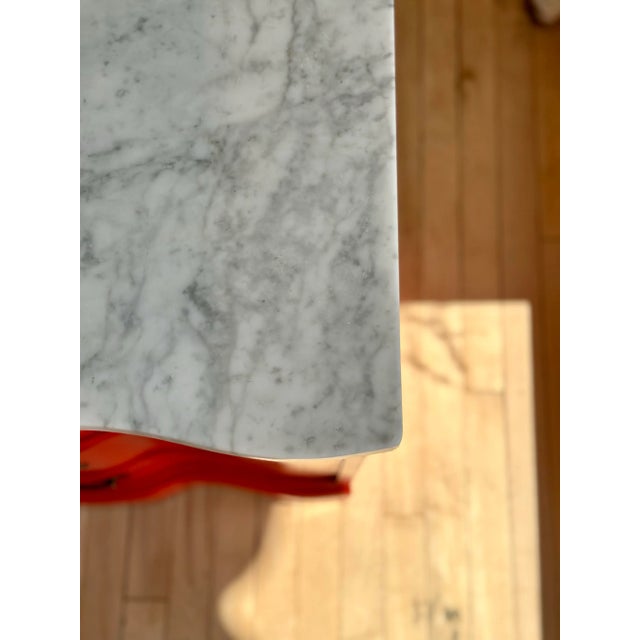 Wood Marble Top Red Lacquered Serpentine Chests, a Pair For Sale - Image 7 of 9